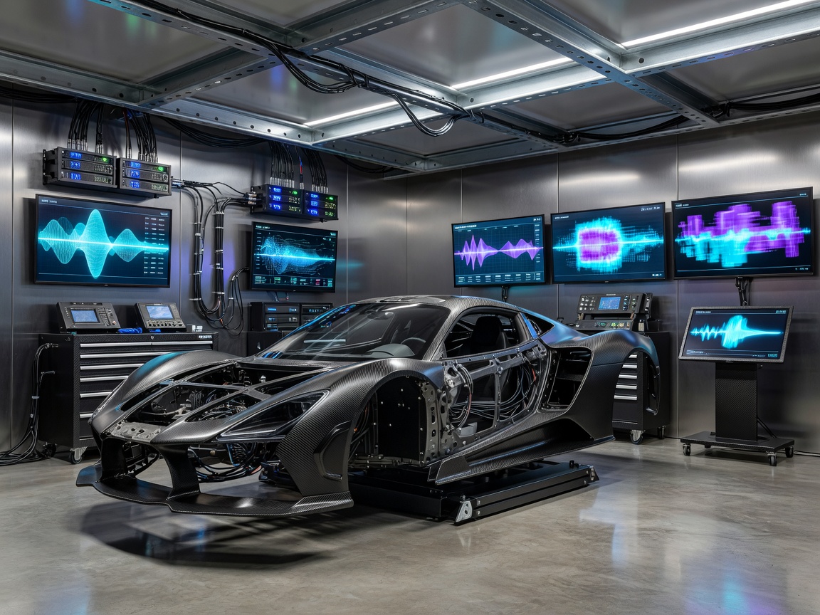 High-tech performance garage featuring carbon fiber details and telemetry screens
