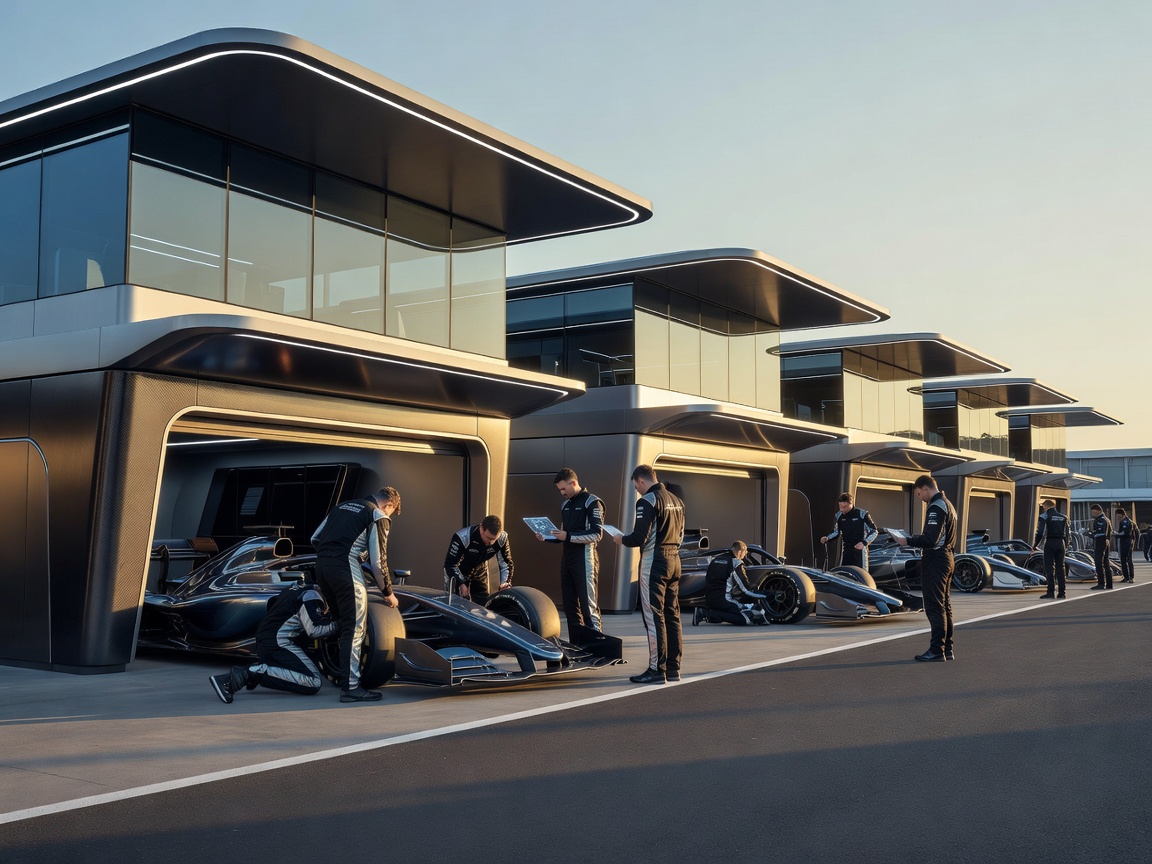Luxury international racing paddock with futuristic pit buildings and elite engineering teams