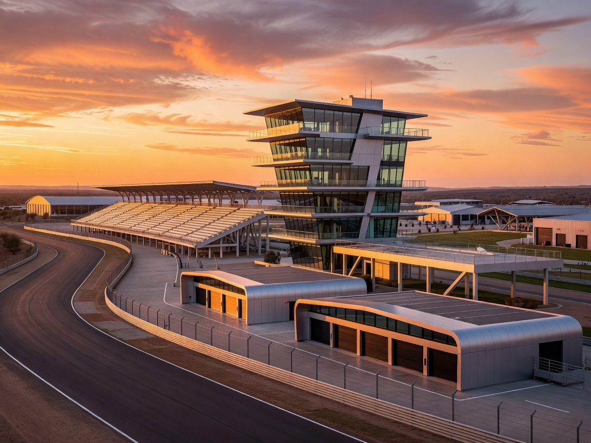 Panoramic motorsport campus at sunset showcasing elegant racing facilities