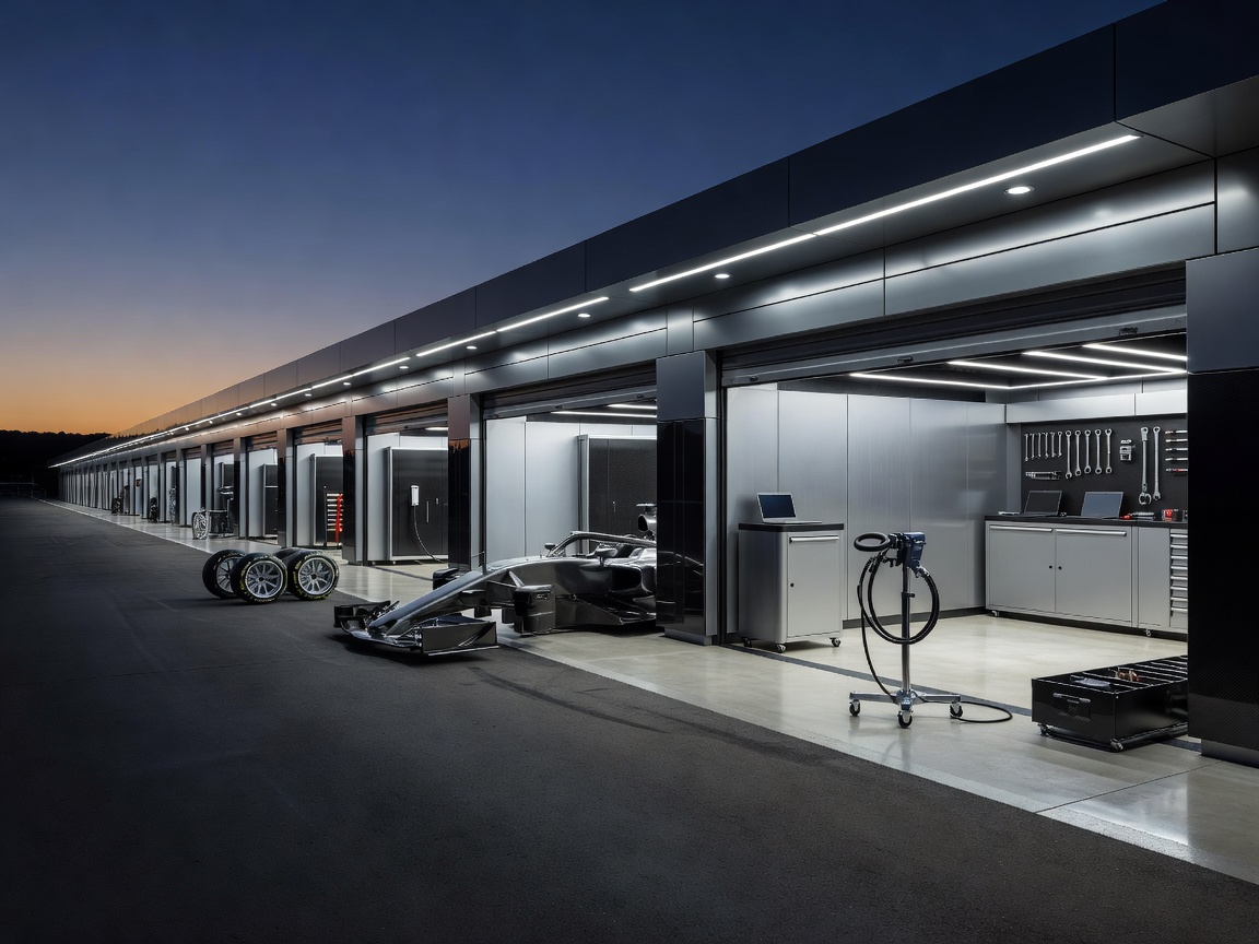 Premium race circuit pit lane with illuminated garages and performance equipment